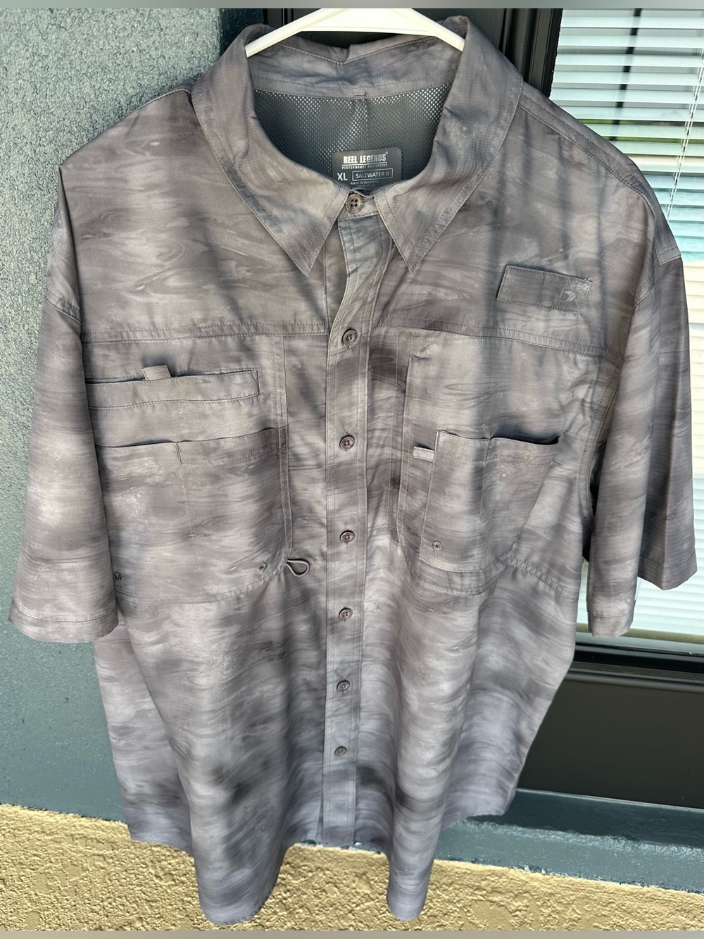 Reel Legends Saltwater II Grey Camo Short Sleeve 100% Polyester Shirt Size XL